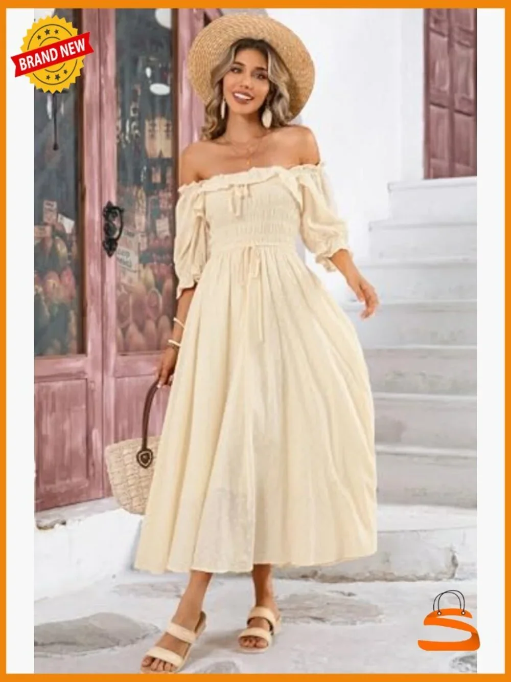 Women Summer Cotton Ruffle Vintage Backless A-Line Flowy Midi Dress